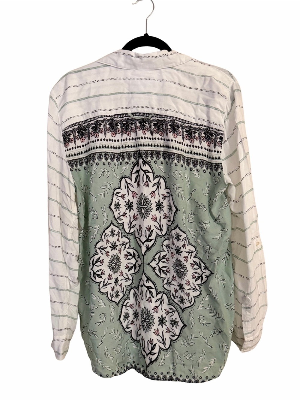 Women’s Large Casual Sage Green & White Long-Sleeve Shirt